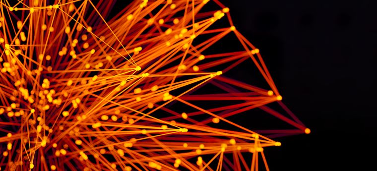 Abstract network of orange lines and dots on a dark background